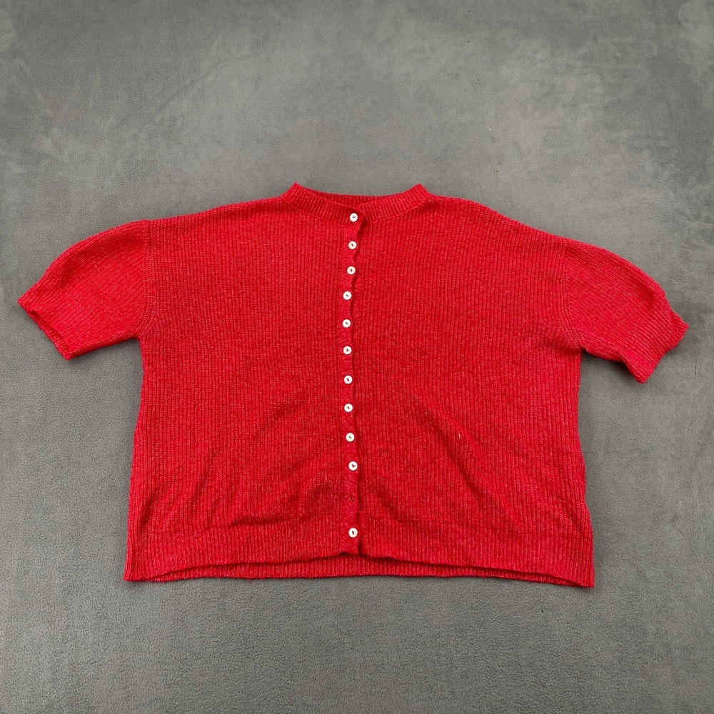 Böhme Red Ribbed Knit Short Sleeve Button Down Cardigan Sweater Small